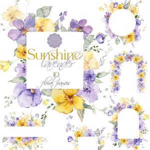 Clipart floral jaune lavande aquarelle fleurs cadres Clip Art violet lilas arche couronne printemps automne été mariage graphiques PNG