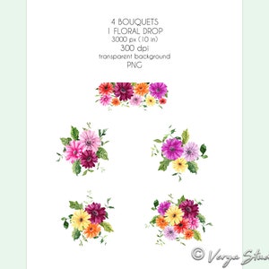 May include: Four watercolor bouquets of pink, yellow, and orange gerbera daisies with green leaves. The bouquets are arranged in a row, with the top bouquet being the largest and the bottom bouquet being the smallest. The bouquets are on a white background.