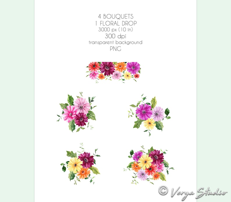 May include: Four watercolor bouquets of pink, yellow, and orange gerbera daisies with green leaves. The bouquets are arranged in a row, with the top bouquet being the largest and the bottom bouquet being the smallest. The bouquets are on a white background.