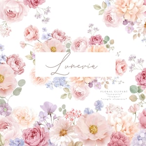 May include: Watercolor floral clipart featuring a variety of flowers in shades of pink, peach, and purple. The design includes roses, peonies, and other blossoms, with the word "Lunevia" in the center. The text "floral clipart" is also present.