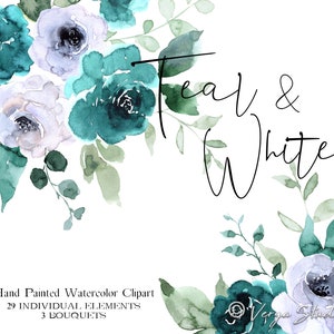 Aquarelle fleurs Clipart floral bleu sarcelle Clipart mariage Clipart blanc bleu douche nuptiale Invitations Turquoise menthe verdure imprimables PNG