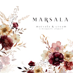 Marsala Fall Floral Clipart Aquarelle Automne Bourgogne & Crème Fleurs Bouquets 6 PNG Digital Instant Download Rustic Wedding Graphics