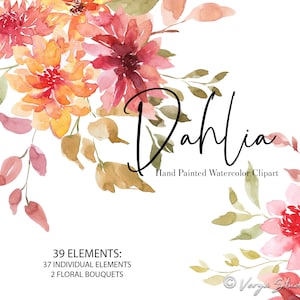 Clipart di fiori ad acquerello Dahlia Clipart floreale estivo Clipart di nozze autunnali Clipart rosa giallo bordeaux viola pesca marsala bouquet PNG