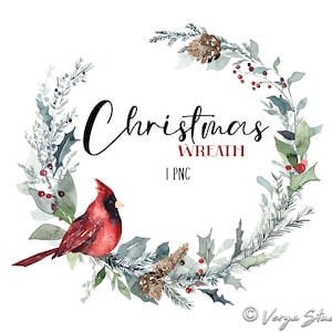 Roter Kardinal Weihnachtskranz Clipart Aquarell Grün Weihnachtskranz Beeren Stechpalme Blätter Kiefer Zapfen Tanne immergrün Zweige Urlaub 1 PNG