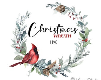 Red Cardinal Christmas Wreath Clipart Watercolor Greenery Xmas Wreath Berries Holly Leaves Pine Cones Fir Evergreen Branches Holiday 1 PNG