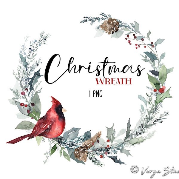 Red Cardinal Christmas Wreath Clipart Watercolor Greenery Xmas Wreath Berries Holly Leaves Pine Cones Fir Evergreen Branches Holiday 1 PNG