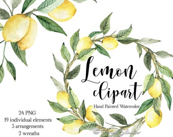 Watercolor Lemon Clipart Lemons Clip Art Yellow Summer Fruits Wedding Clipart Invitations Bridal Template Lemon Wreath Citrus Bouquet PNG