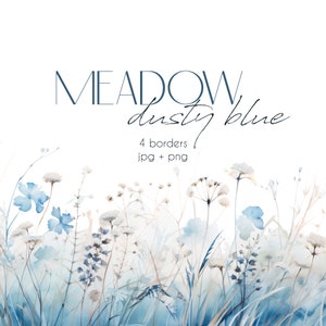 Borda floral Clipart Aquarela Azul empoeirado Bordas de flores silvestres Conjunto de 4 PNG Pastel Azul claro Gráficos digitais de casamento Silenciado Azul celeste