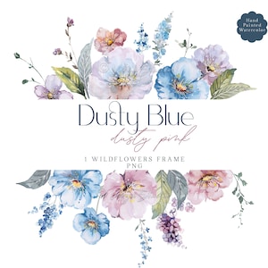 Dusty Rose Blue Floral Frame Clipart Watercolor Wildflowers Border Clip Art Pastel Pink Meadow Field Spring Summer Wedding Graphics PNG
