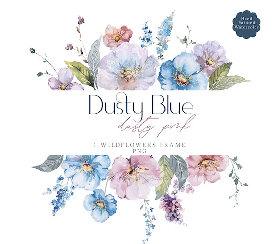 Dusty Rose Blue Floral Frame Clipart Watercolor Wildflowers Border Clip Art Pastel Pink Meadow Field Spring Summer Wedding Graphics PNG