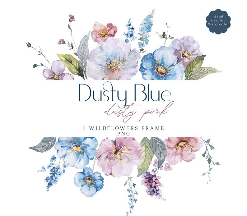May include: Watercolor painting of a dusty blue and dusty pink floral frame. The frame is made up of various flowers and leaves, including bluebells, roses, and ferns. The text "Dusty Blue dusty pink 1 Wildflowers Frame PNG" is written below the frame.