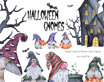 Halloween Clipart Watercolor Gnomes Clipart Halloween Sublimation Print Pumpkins Cute Jack o'Lantern Bat Witch Haunted House Fall Autumn PNG