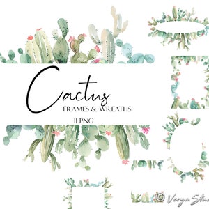 Clipart di cactus, acquerello, piante grasse, clipart, cactus del deserto, estate, cornici botaniche, ghirlande, cornice per piante grasse, ghirlanda, grafica per matrimoni e compleanni