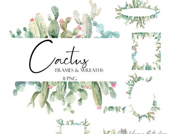 Cactus Clipart Watercolor Succulents Clip Art Desert Cacti Summer Botanical Frames Wreaths Succulent Frame Wreath Wedding Birthday Graphics