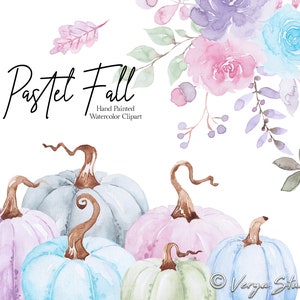 Pastel Fall Clipart Watercolor Autumn Clip Art Light Pink Blue White Purple Pumpkins Fall Leaves Wreath Bouquet Acorns Berries Thanksgiving