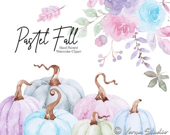 Pastel Fall Clipart Watercolor Autumn Clip Art Light Pink Blue White Purple Pumpkins Fall Leaves Wreath Bouquet Acorns Berries Thanksgiving