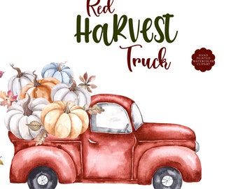 Automne citrouilles camion Clipart aquarelle automne Clip Art vieille camionnette rouge citrouille orange blanche feuilles d'automne ferme récolte PNG Thanksgiving