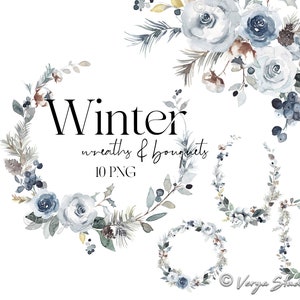 Winter Greenery Clipart Guirlandas de Natal Buquês Floral Clip Art Borda de Natal Flores Bagas Algodão Pinha Gráficos de Casamento Feriado PNG