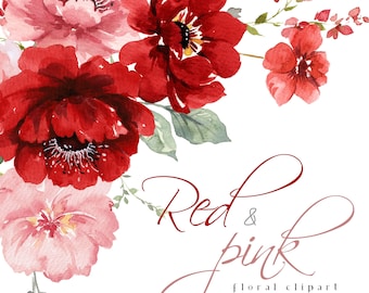 Crimson Floral Clipart Watercolor Red Blush Flowers Clip Art Wedding Florals Graphics Spring Summer Bright Pink Greenery Bouquets PNG
