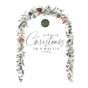 Arco di clipart di Natale rustico, verde invernale bacche ghirlanda di pino PNG baccello di loto eucalipto botanico, arco cornice acquerello naturale neutro
