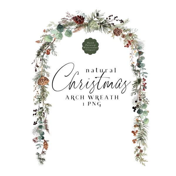 Rustic Christmas Clipart Arch, Winter Greenery Berries Pine Wreath PNG Lotus Pod Eucalyptus Botanical, Neutral Natural Watercolor Frame Arch