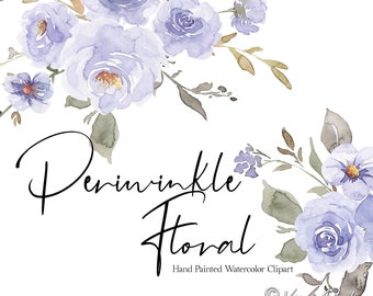 May include: Watercolor clipart featuring a bouquet of purple and blue periwinkle flowers with green leaves. The text "Periwinkle Floral" is written in black cursive script below the flowers. The text "Hand Painted Watercolor Clipart" is written in black below the cursive text. The copyright symbol and the text "Veraya Studio" are written in black below the text "Hand Painted Watercolor Clipart".