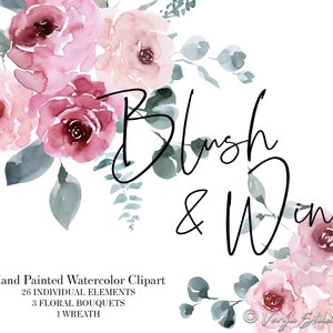 Clipart floral aquarelle fleurs Clipart vin de Bourgogne Blush roses Roses Eucalyptus verdure mariage Clipart peint à la main Couronne de bouquets