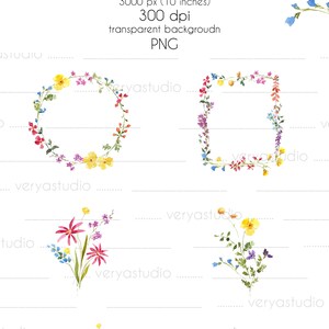 May include: Two watercolor wreaths and four bouquets of wildflowers in shades of pink, yellow, blue, and purple. The wreaths and bouquets are on a white background with a transparent background. The image includes the text "2 WILDFLOWERS WREATHS 3000 px (10 inches) 4 WILDFLOWERS BOUQUETS 3000 px (10 inches) 300 dpi transparent background PNG" and the copyright symbol and the text "Verya Studio".