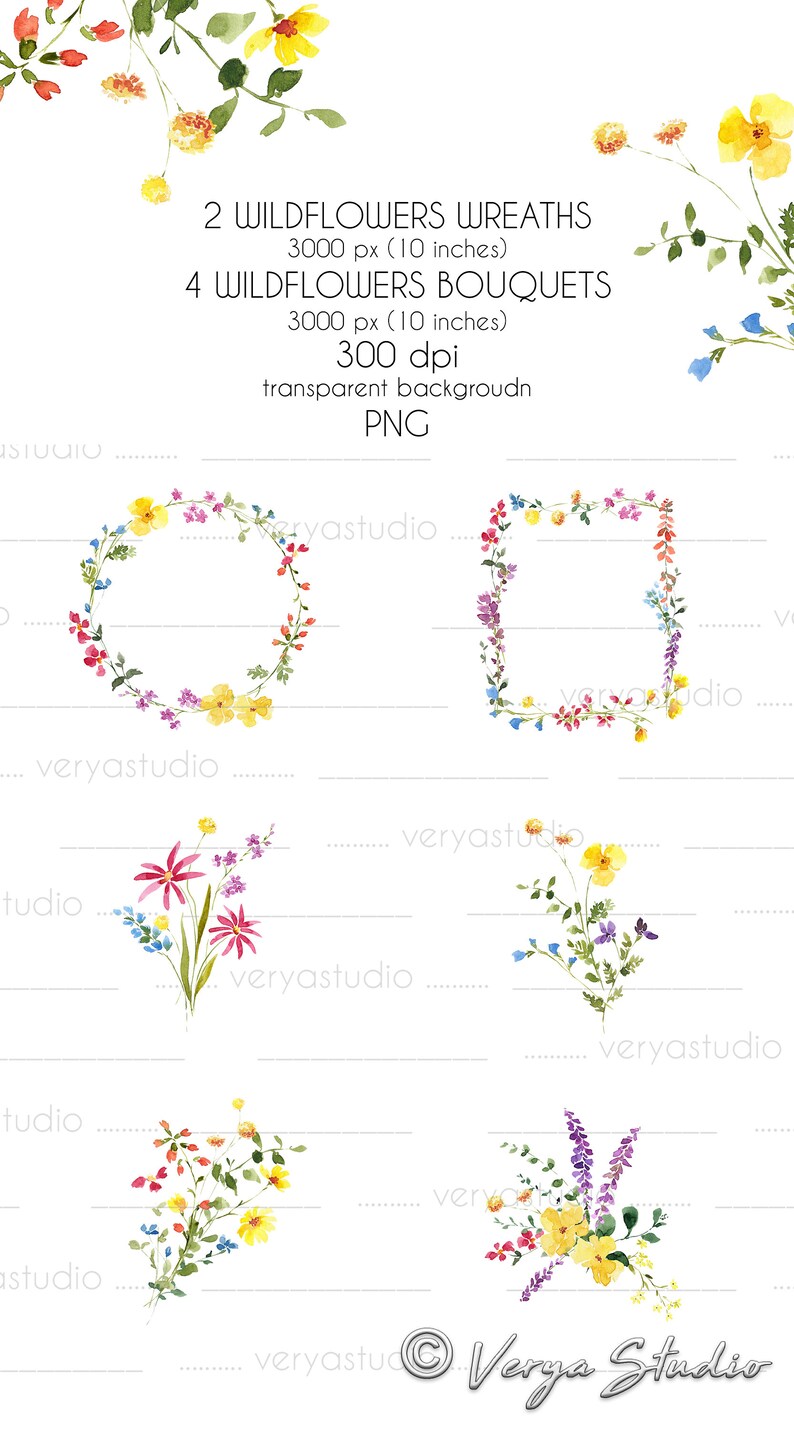 May include: Two watercolor wreaths and four bouquets of wildflowers in shades of pink, yellow, blue, and purple. The wreaths and bouquets are on a white background with a transparent background. The image includes the text "2 WILDFLOWERS WREATHS 3000 px (10 inches) 4 WILDFLOWERS BOUQUETS 3000 px (10 inches) 300 dpi transparent background PNG" and the copyright symbol and the text "Verya Studio".