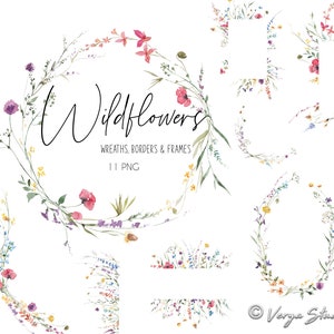 Wild Flowers Watercolor Clipart Wildflowers Frames Wreaths Bouquets Borders Clip Art Botanical Floral Frame Wedding Graphics Summer Blooms image 1