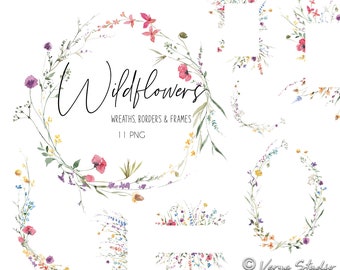 Wild Flowers Watercolor Clipart Wildflowers Frames Wreaths Bouquets Borders Clip Art Botanical Floral Frame Wedding Graphics Summer Blooms