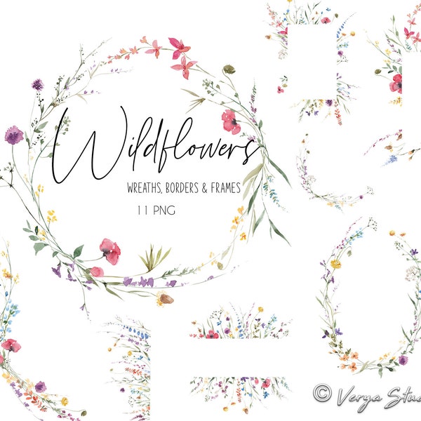 Wild Flowers Watercolor Clipart Wildflowers Frames Wreaths Bouquets Borders Clip Art Botanical Floral Frame Wedding Graphics Summer Blooms