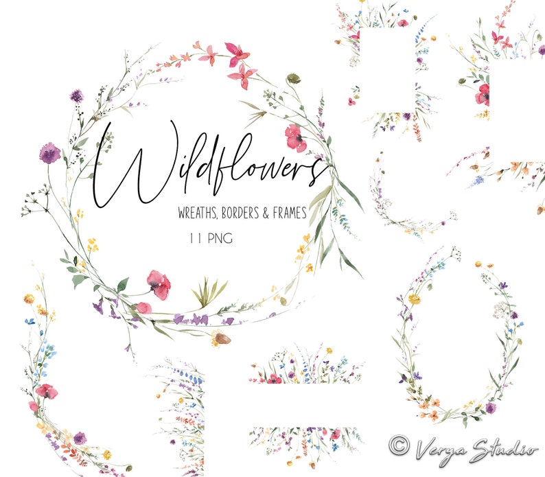 Wild Flowers Watercolor Clipart Wildflowers Frames Wreaths Bouquets Borders Clip Art Botanical Floral Frame Wedding Graphics Summer Blooms image 1