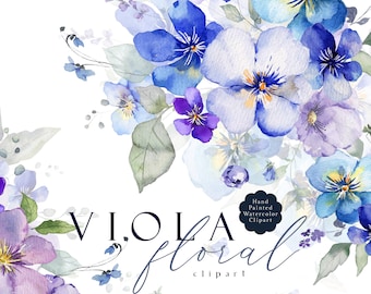Clipart fleurs violet bleu aquarelle alto Floral Clip Art lilas lavande bleu marine violettes pensées bouquets de printemps mariage PNG peint à la main