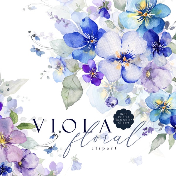 Blue Purple Flowers Clipart Watercolor Viola Floral Clip Art Lilac Lavender Navy Violets Pansies Spring Bouquets Wedding PNG Hand Painted