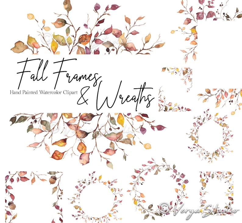 Herbst Blätter Clipart Aquarell Herbst Rahmen Clip Art Herbst Blätter Zweige Laub Kranz Grenze Zweige Beeren Eicheln Rahmen Hochzeit PNG Bild 1
