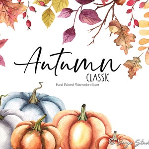 Clipart autunnale Acquerello Zucche Clip Art Foglie autunnali Bacche Ghiande Fiori Raccolto Ringraziamento Illustrazione Grafica per matrimoni Rustico PNG