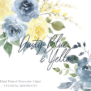 Aquarell Blumen Clipart Dusty Blau Pastell Gelb Blumensträuße Hochzeit Clipart Frühling Sommer Clip Art Florals Grafiken Handgemalt PNG