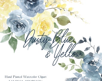 Watercolor Flowers Clipart Dusty Blue Pastel Yellow Floral Bouquets Wedding Clipart Spring Summer Clip Art Florals Graphics Hand Painted PNG
