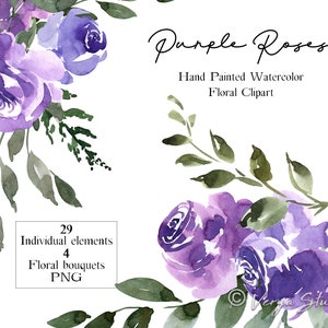 Clipart de flores de acuarela de ciruela morada, rosas, flores, invitaciones, hojas PNG, eucalipto, rosas sueltas de color morado oscuro, arte de pared imprimible