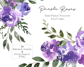 Purple Plum Watercolor Floral Clipart Roses Flowers Clip Art Invitations PNG Leaves Eucalyptus Loose Dark Purple Roses Printable Wallart