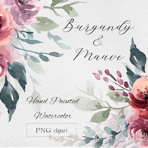 Aquarelle bordeaux mauve floral Clipart vins roses mariage papeterie verdure Bouquet fleurs vintage rétro usage Commercial PNG Clip Art