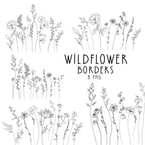 Bordas de flores silvestres clipart, prado de flores PNG, bordas de flores lineart, arte de linha de flores silvestres, desenho a lápis de flores, 8 ilustrações PNG