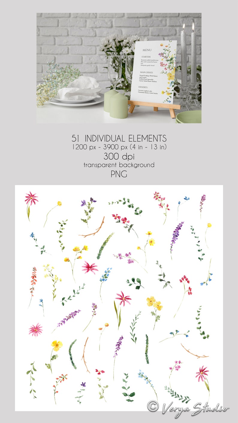 May include: 51 individual watercolor floral elements, including pink, yellow, red, blue, and purple flowers, green leaves, and branches. The elements are on a transparent background. The image is 1200 pixels by 3900 pixels and 300 dpi.