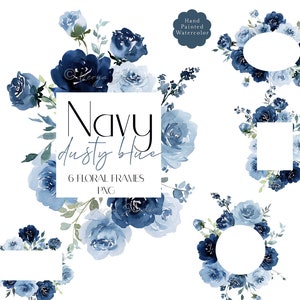 Stoffige blauwe aquarel bloemen clipart marine bloem frames clip art bruiloft bloemen graphics licht pastel rozen groen botanisch 6 png