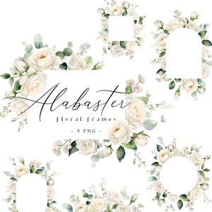 Clipart floreale crema, Clip art con cornici di fiori bianchi, PNG con fiori ad acquerello alabastro, Bordi avorio, Fiori da matrimonio, Grafica primavera estate