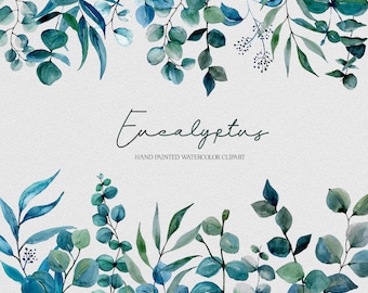 Eucalyptus Watercolor Clipart. Greenery Individual Elements. Botanical, Wedding, Branch, Bridal, Painted Leaves, Clip Art PNG Graphics