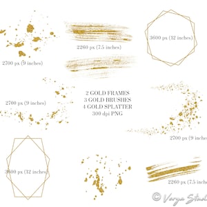 May include: A set of digital gold frames, brushes, and splatters. The frames are geometric and the brushes and splatters are textured. The image includes the text "2 GOLD FRAMES 3 GOLD BRUSHES 4 GOLD SPLATTER 300 dpi PNG".