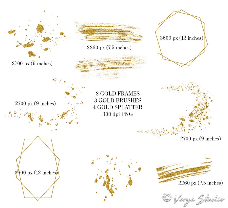 May include: A set of digital gold frames, brushes, and splatters. The frames are geometric and the brushes and splatters are textured. The image includes the text "2 GOLD FRAMES 3 GOLD BRUSHES 4 GOLD SPLATTER 300 dpi PNG".