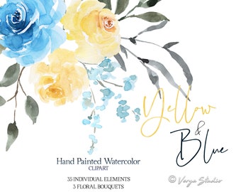 Yellow Blue Watercolor Flowers Clipart Wedding Clip Art Summer Roses Floral Clipart Arrangements Bouquets Aquarelle Digital Bridal PNG